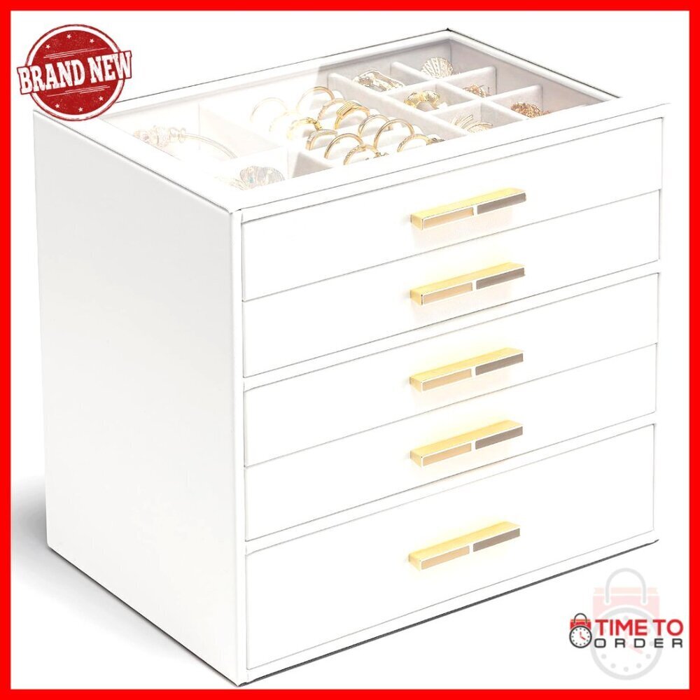 5 Layer Jewelry Organizer with Glass Lid and 5 Drawers for Women